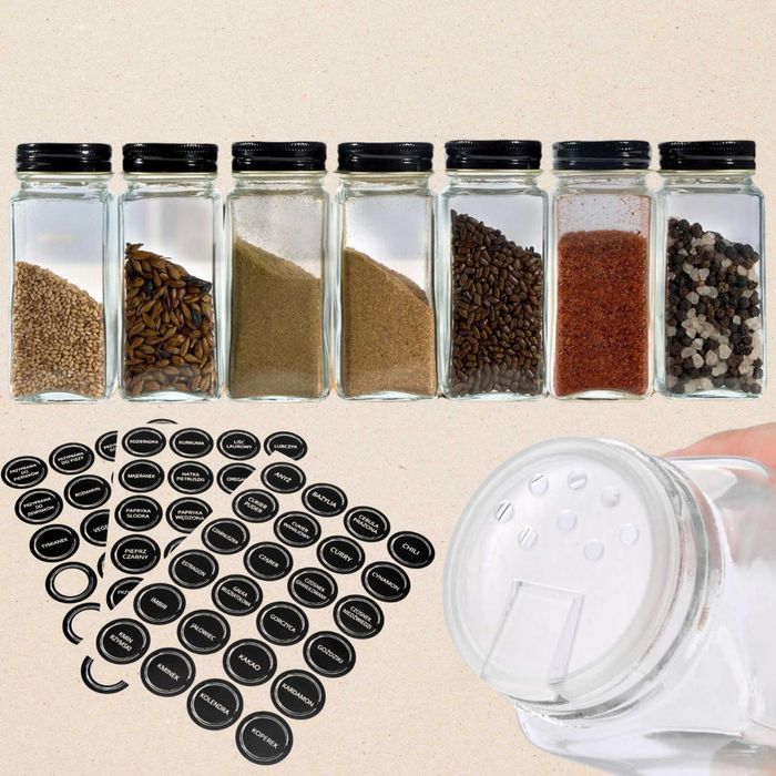 DUŻY ZESTAW do przypraw 24 słoiczki + 72 naklejki