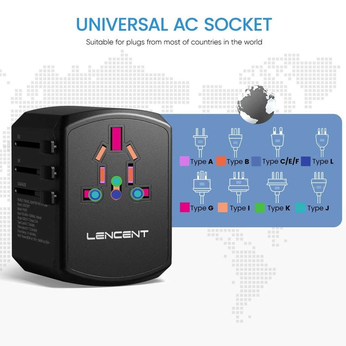Adaptador Universal de Viagem Tomadas EU/UK/US/AU + 4 USB NOVO