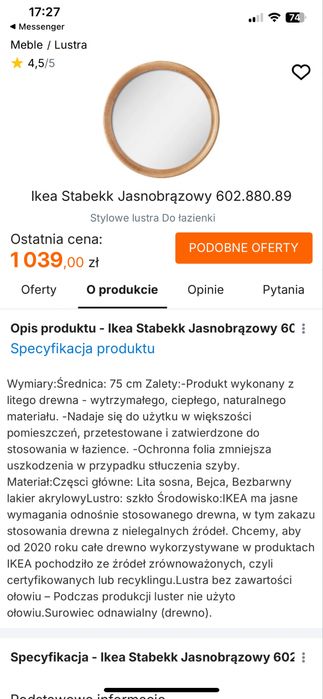 Lustro okrągłe . Stan dobry