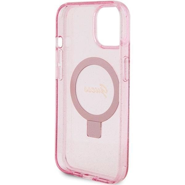 Etui Guess Ring Stand Script Glitter Magsafe Na Iphone 15 - Różowe