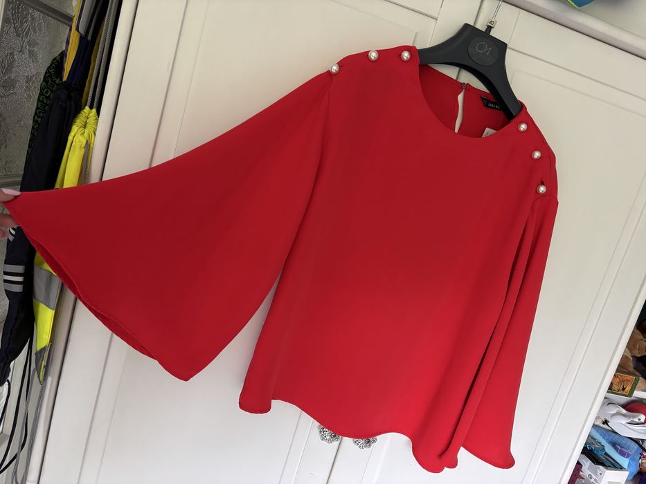 Zara basic czerwona koszula szyfonowa szyfon tiul perly perelki 36 38