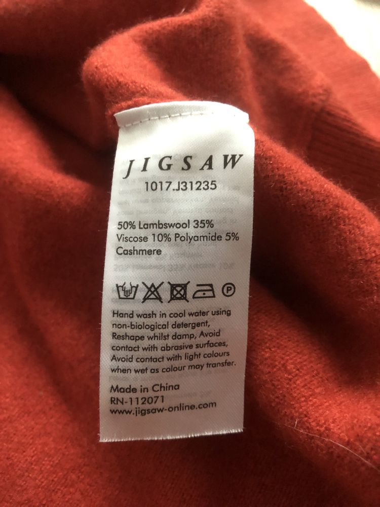 Ceglasty sweter damski, S, Jigsaw, owcza wełna, kaszmir, wiskoza