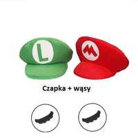 Dwie czapki z daszkiem Luigi oraz Mario + wąsy Mario Bros cosplay Nowe