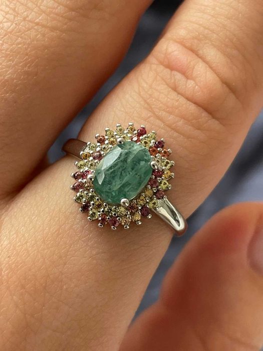 Кольцо с изумрудом и сапфиром , серебро 925 пробы, размер 17,75