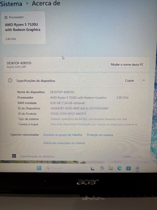Portátil Acer Aspire Ryzen 5, 8GB RAM, 500GB, 15,6" Full HD, como novo