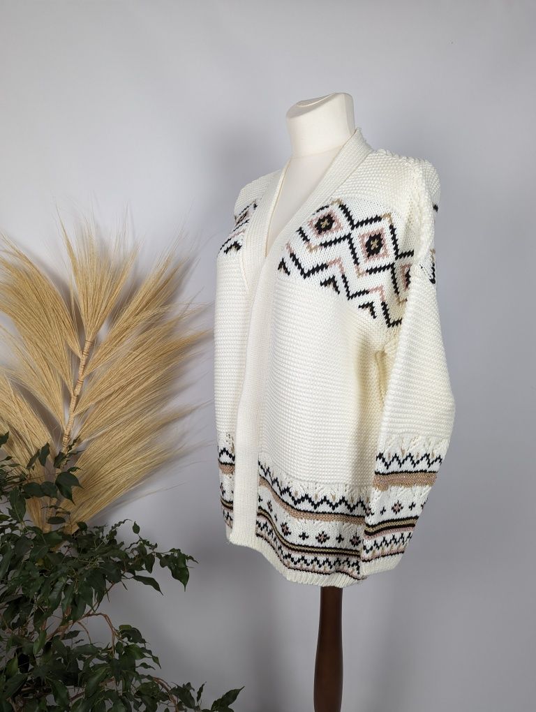 Nowy kremowy ecru kardigan sweter wzorzysty lekko polyskujacy DPerkins