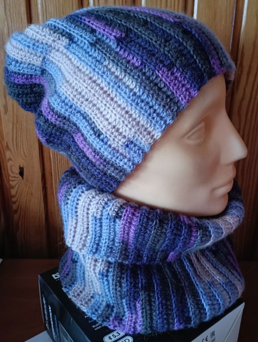 Handmade czapka Smerfetka + komin fiolet mix