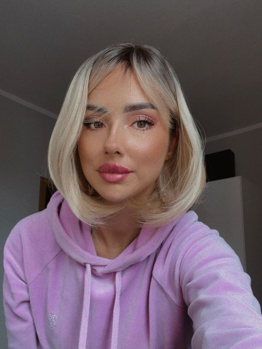 Grzywka peruka bob balejaż blond krótkie włosy brąz odroat premium