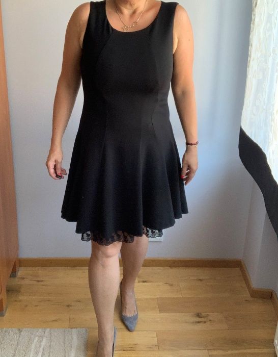 NOWA Czarna rozkloszowana sukienka Donna Karan DKNY XL 42 koronka mat