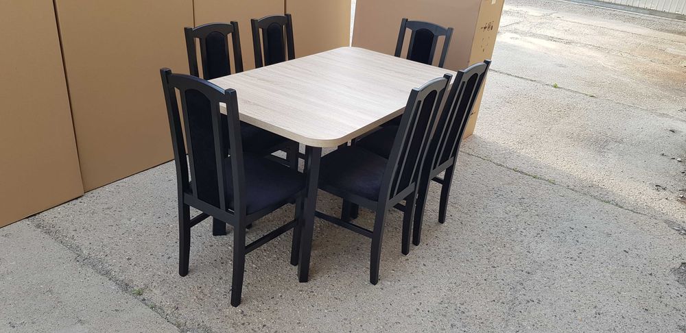 Nowe: STÓŁ 80x140/180 + 6 KRZESEŁ, czarny/blat sonoma + czarny