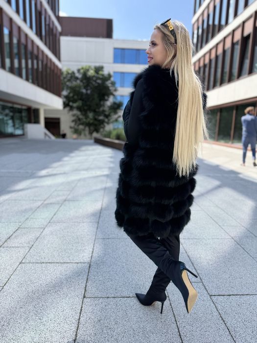 Kamizelka rzędowa z lisa czarnego s/m nowa naturalne futro długa new