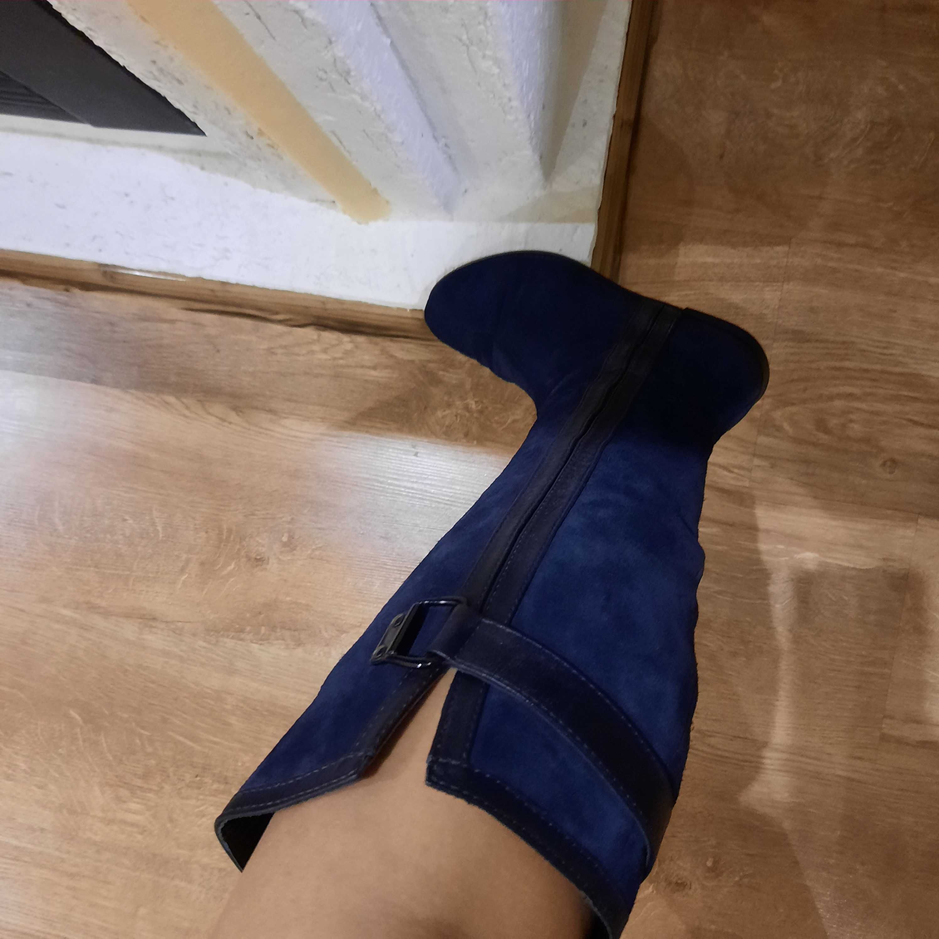 Замшевые сапоги синие  24 см по стельке до колена