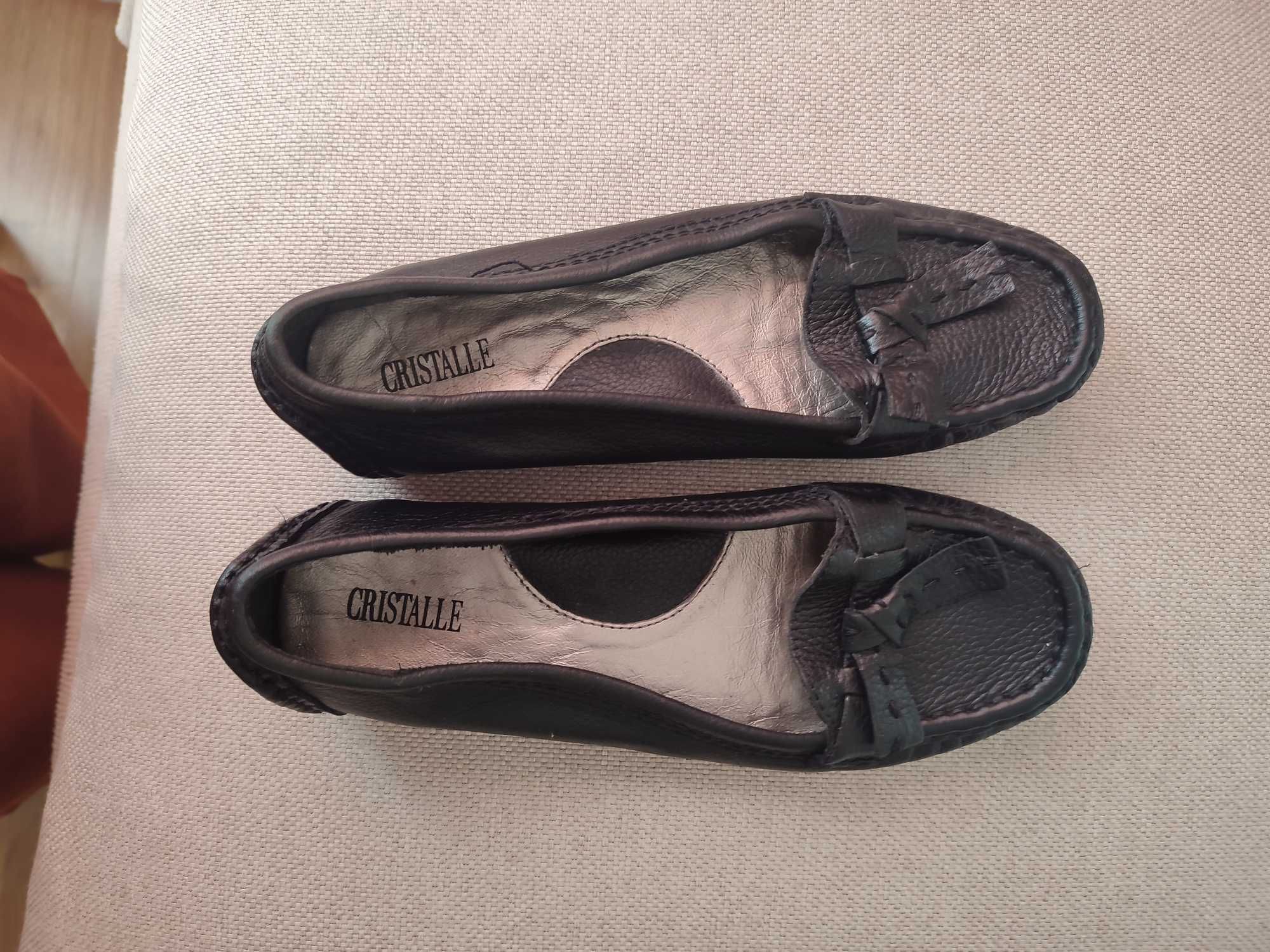 Mokasyny czarne skórzane Cristalle 37 dł wkładki 23 cm.