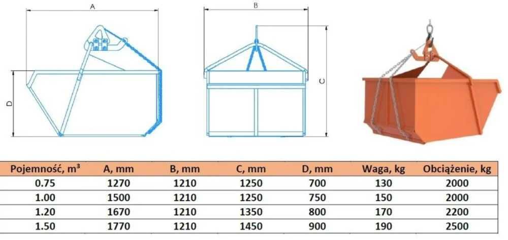 Pojemnik zbiornik dźwigowy samowyładowczy do betonu gruzu PR 0,75-2L
