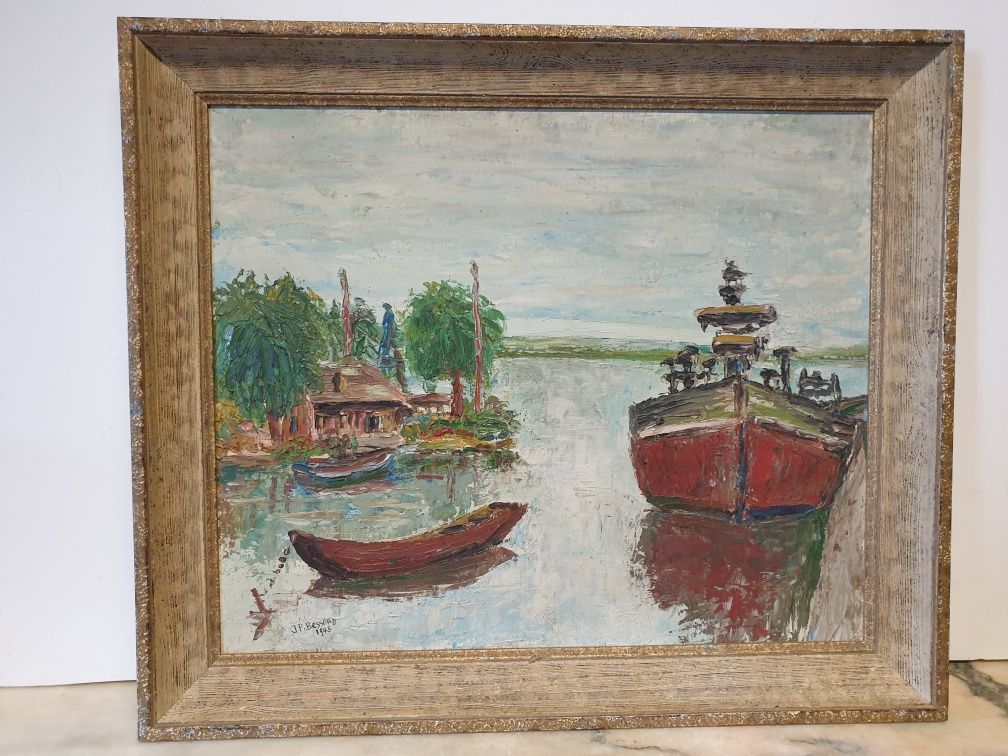 Antiga pintura em óleo sobre cartão- marinha - J.P. Bessard 1948