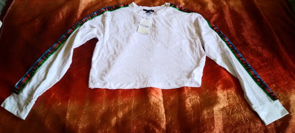 Forever 21 true love M biała koszulka z długim rękawem i lampasami