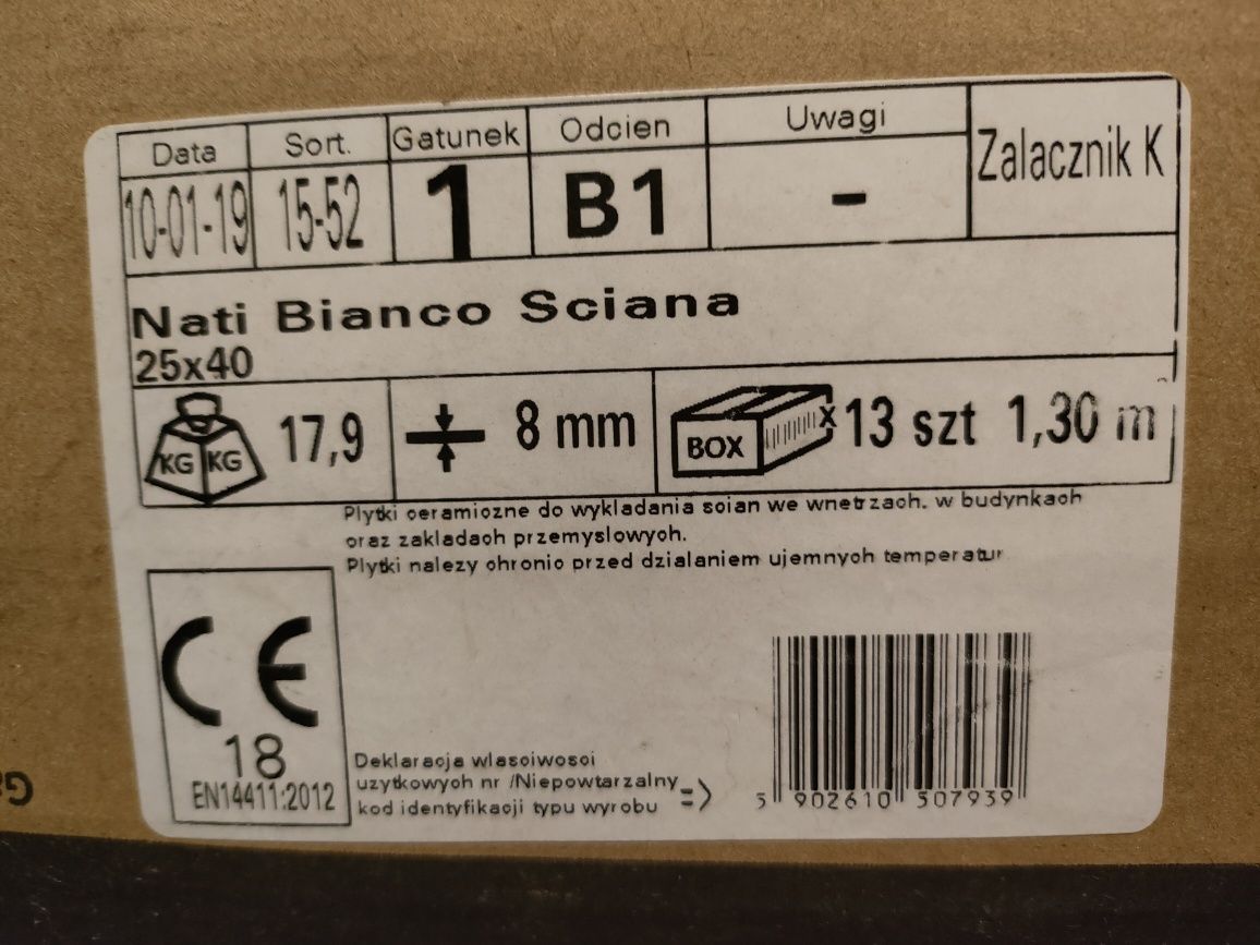Płytki ścienne, do 4m^2, Paradyż Nati Bianco