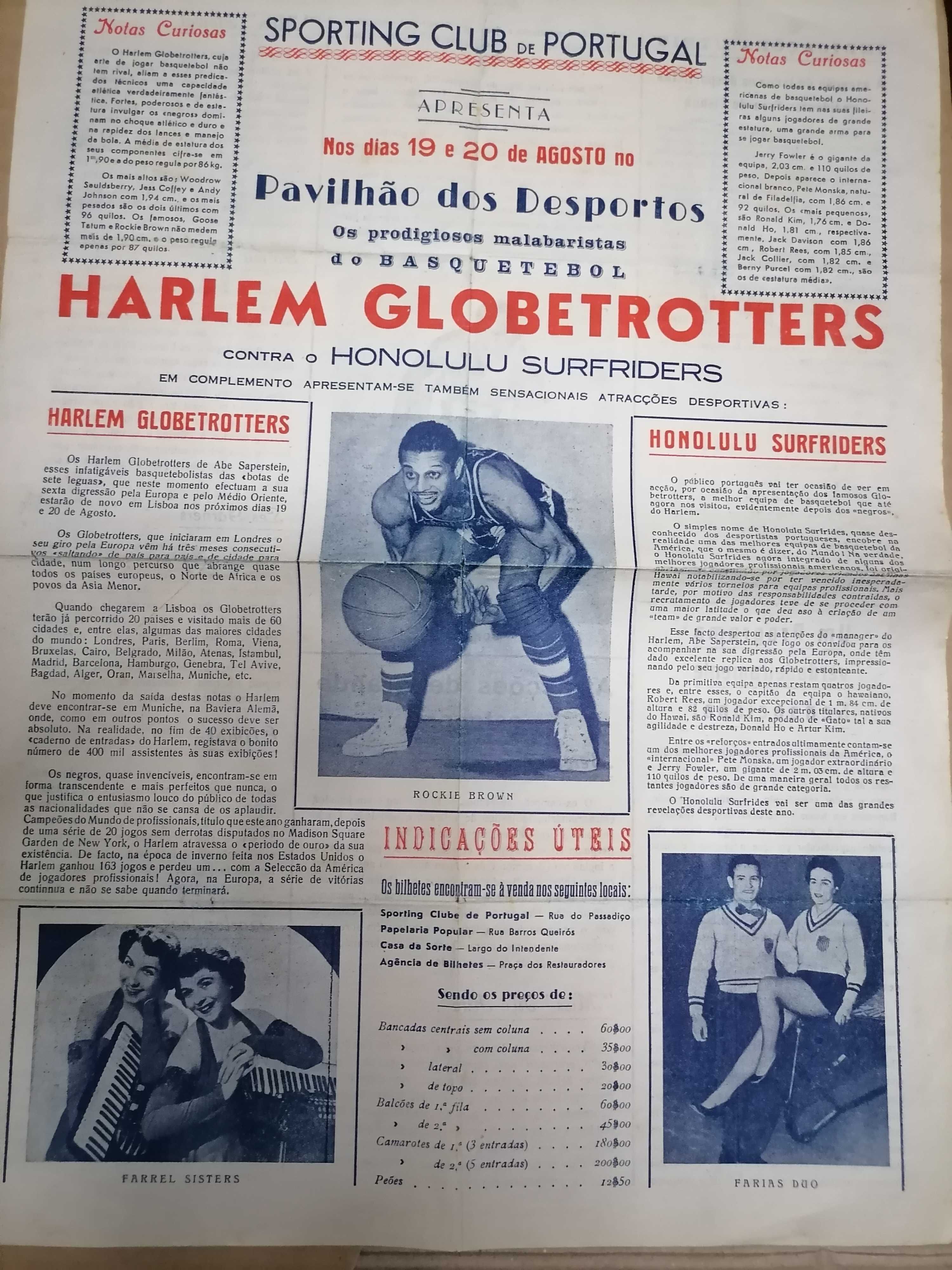 SPORTING Apresenta no Pavilhão dos Desportos HARLEM GLOBETROTTERS 1955