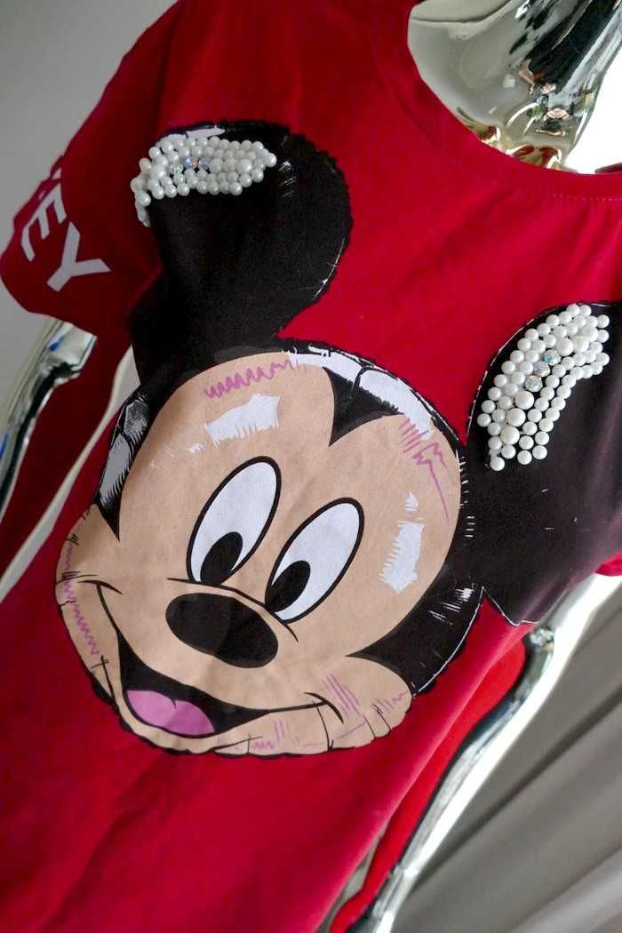 T-shirt czerwony z Myszką Miki Mickey perły cyrkonie L