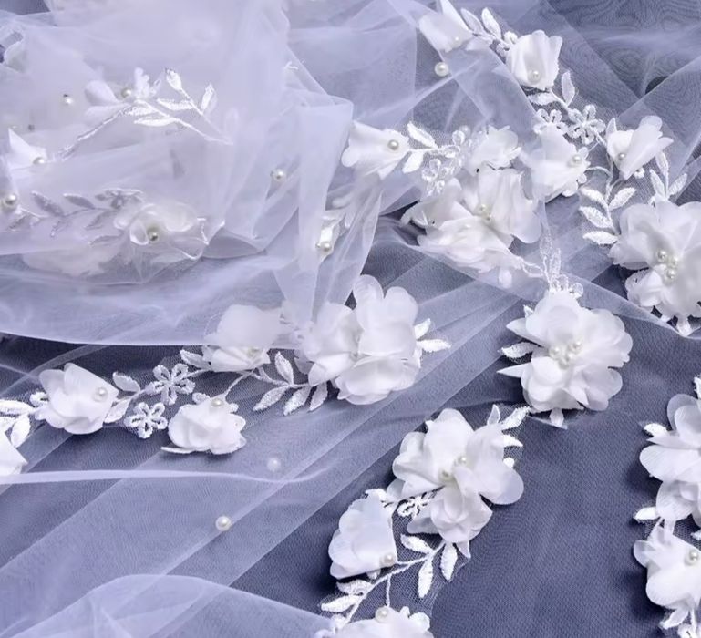 Nowy welon katedralny 300cm off-white kwiaty z perłami długi ślub wese