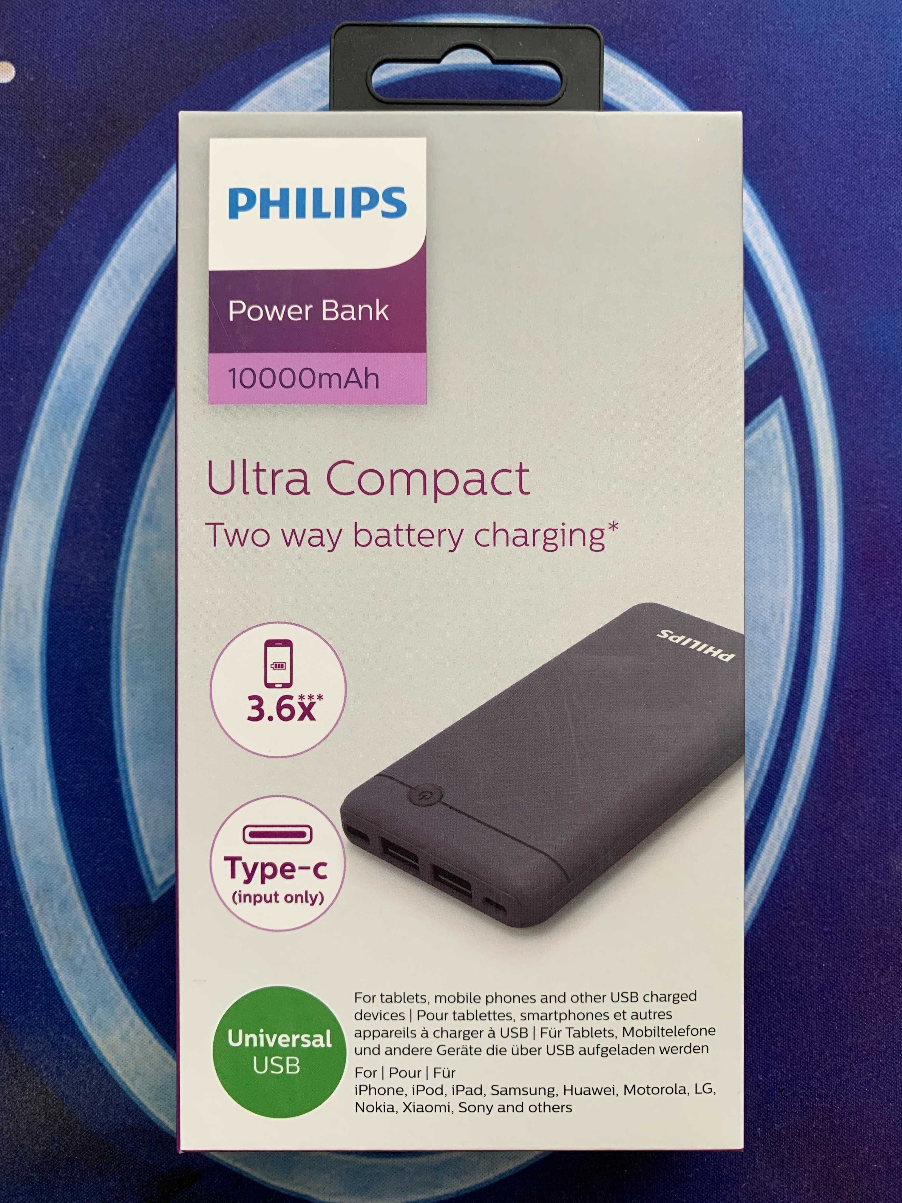 Тонкий та потужний Павербанк Philips 10000 mAh Power Bank на 2 USB