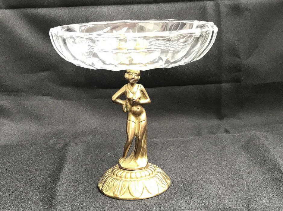 Patera figurka kobiety - kryształ i mosiądz wysokość 14  cm