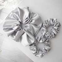 Zestaw 3 scrunchie satyna srebrny handmade