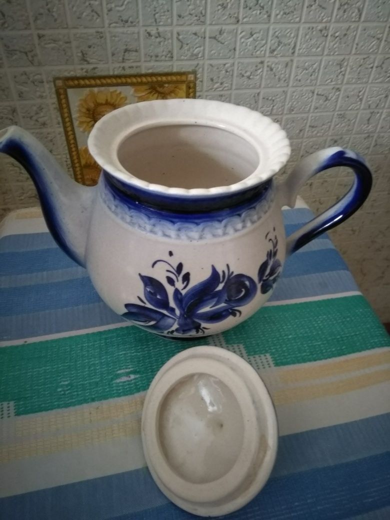 Чайник керамічний синьо білий в квіти об'єм літр півтора