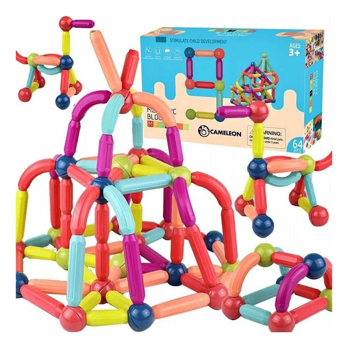 Zestaw XL 64 el. KLOCKI MAGNETYCZNE Konstrukcyjne Edukacyjne Układanka