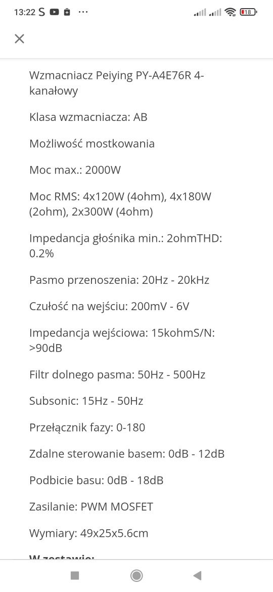 Wzmacniacz Peiying Alien PY-A4E76R 4 kanałowy
