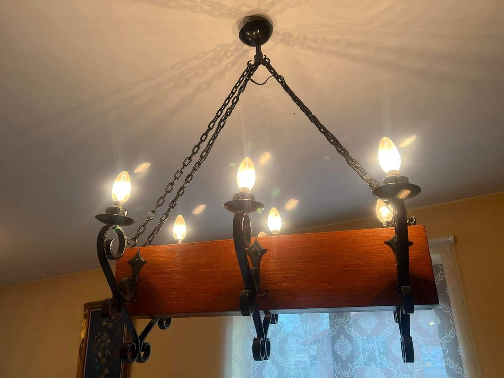 Żyrandol drewno metal