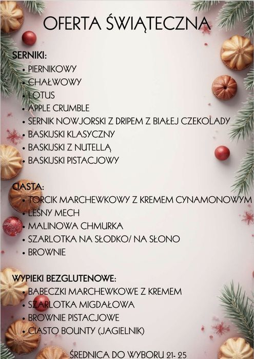 oferta świąteczna domowe ciasta, wypieki domowe, ciasta bezglutenowe