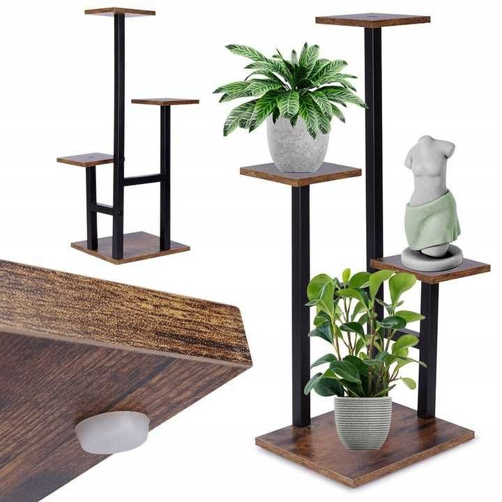 Kwietnik Stojący Metalowy Drewniany 4 Doniczki Z Kwiatami Rośliny 84cm