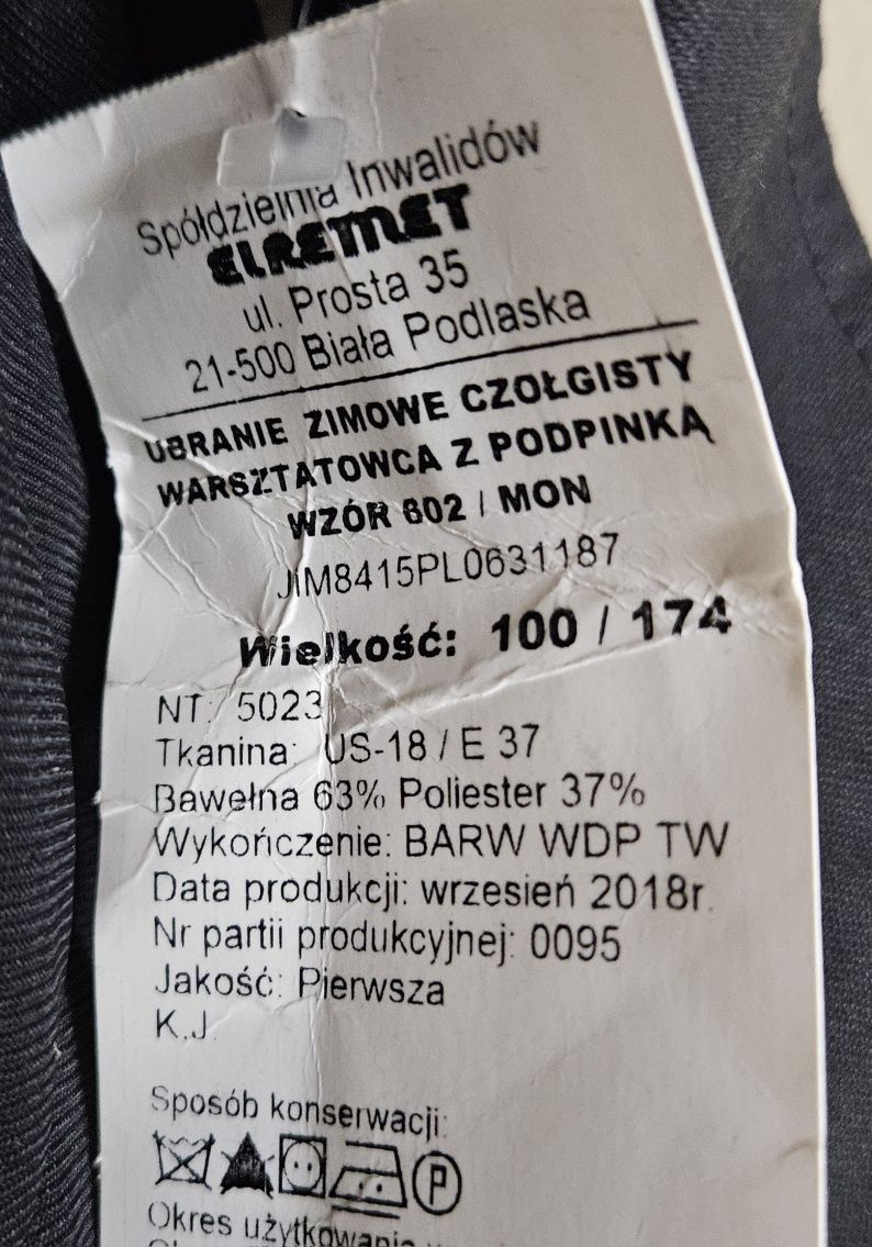 Zimowe ubranie czołgisty 'czarnuch" rozm.100/174