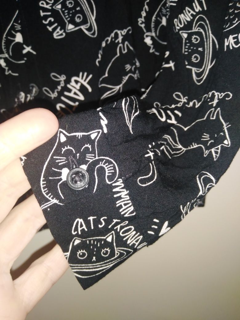 Koszula bluzka z długim rękawem czarna w koty kotorożce kotosyrenki