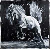 Impresja Duży czarno biały nowoczesny obraz olejny koń w galopie loft