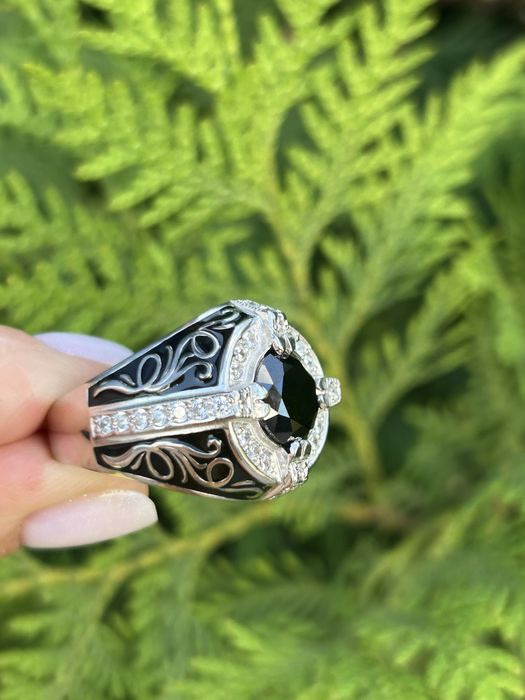 Оригінальна срібна чоловіча печатка з емаллю та фіанітом, срібло 925