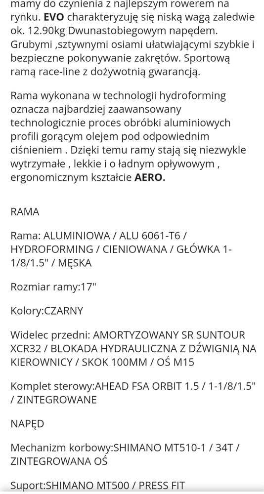 Rower górski MTB Unibike EVO 17 cali koło 29