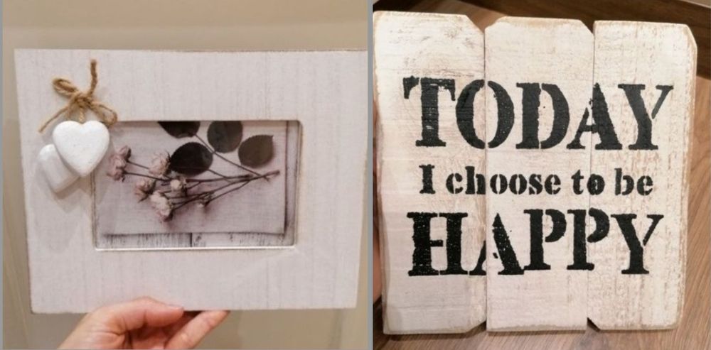 Artigos de casa, novos: moldura com coração e placa "happy"