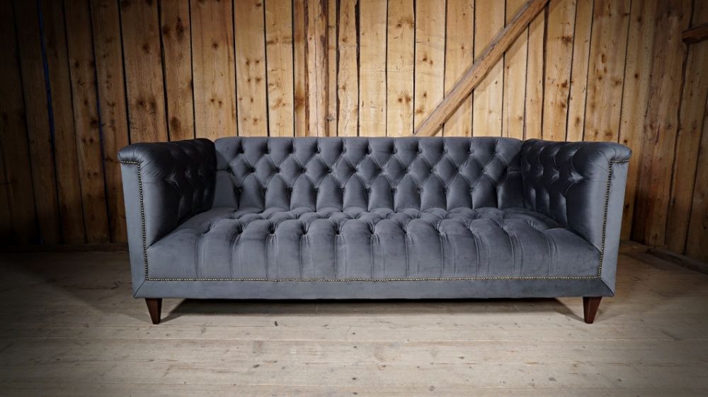 Sofa Kanapa Na Wymiar Chesterfield + Pufa Popiel Szara Retro PRL Loft