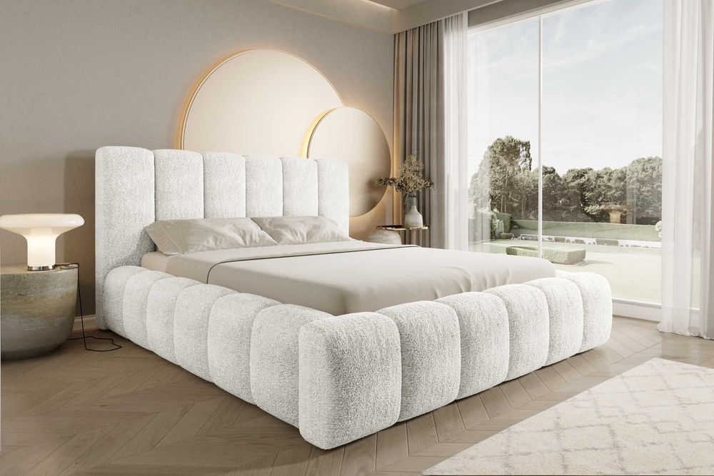 Łóżko Tapicerowane BOSTON Komfortowe Zagłowie TKANINA BOUCLE / WELUR