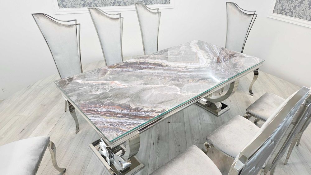 Jadalnia Glamour stół Omega Decor 200cm + 8 krzeseł Galactic/srebro