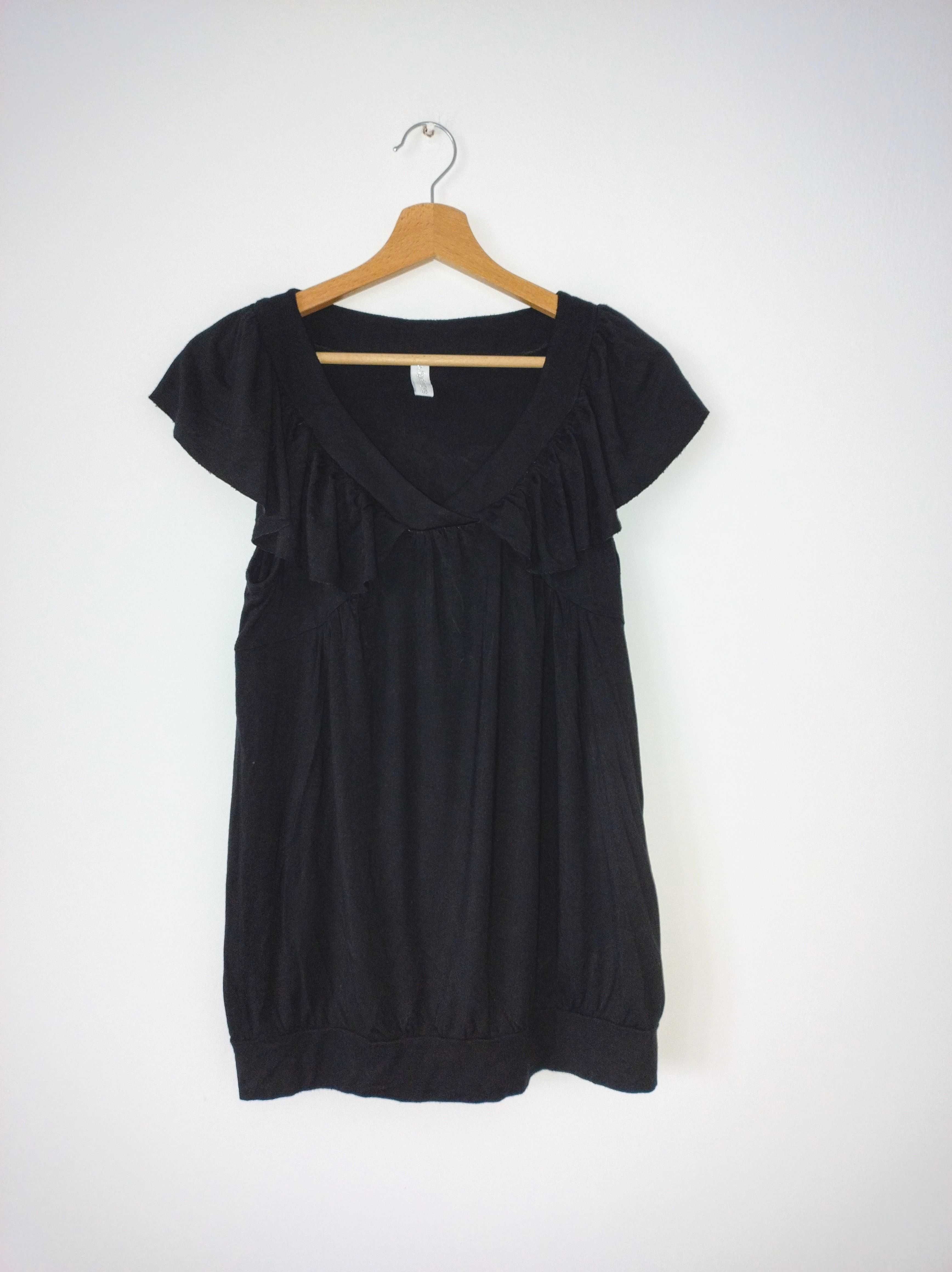 Czarna luźna tunika bluzka vintage retro falbanki wiskoza 40 L