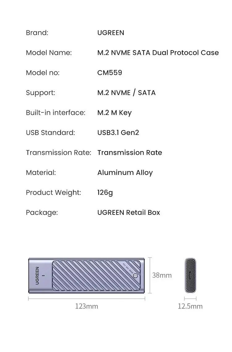 Зовнішня кишеня карман Ugreen CM559 10Gb M.2 NVMe SATA SSD USB 3.2