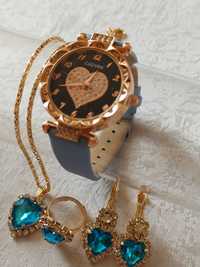 Luksusowy zegarek damski, naszyjnik, kolczyki oraz pierścionek