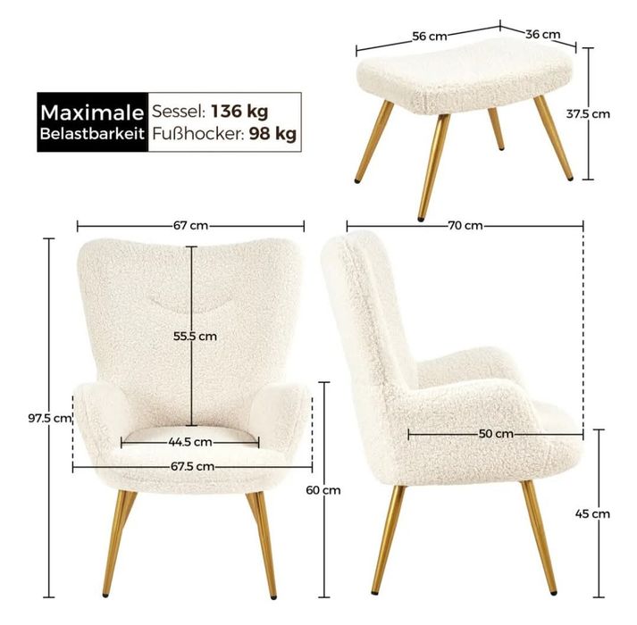 Fotel z podnóżkiem w tkaninie boucle.
Fotel jest