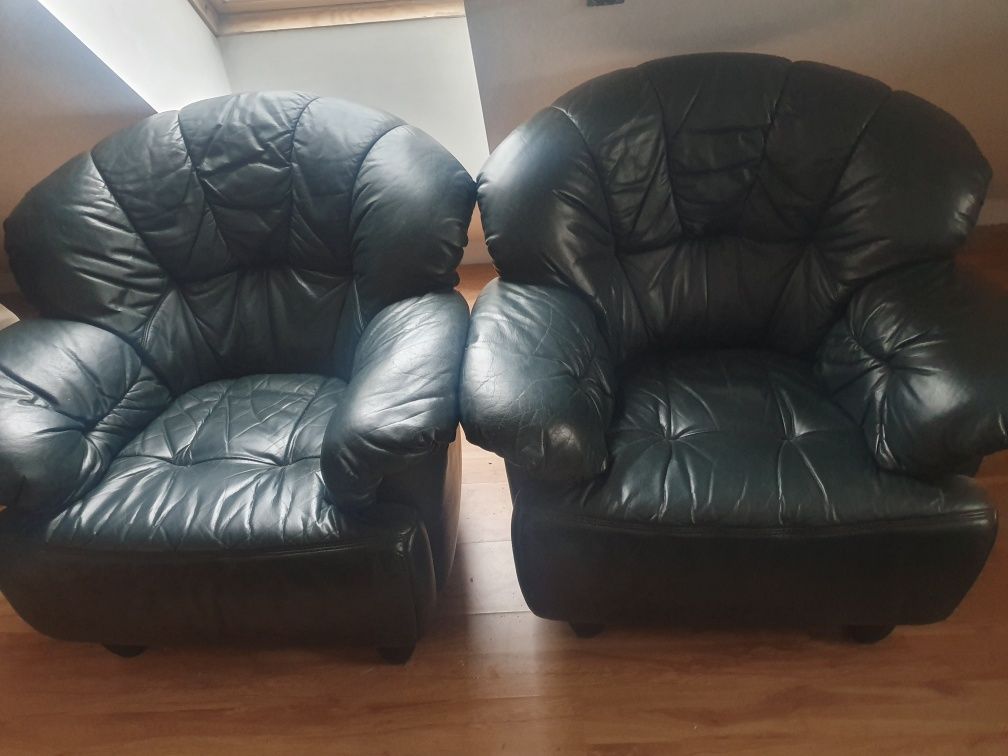 Skórzany zestaw wypoczynkowy sofa 3 osobowa +2 fotele kolor ciemno zie