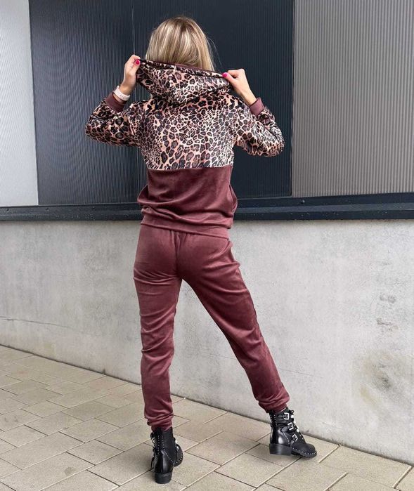 Dresy damskie welurowe w panterkę spodnie + bluza brązowe r.M wys.24h
