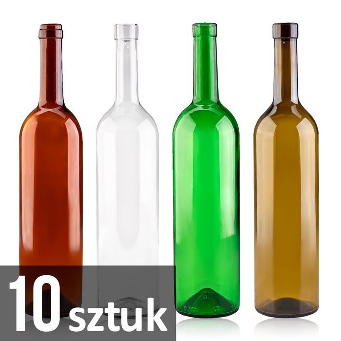 Zestaw 10 sztuk butelka na wino BORDEAUX 750 ml różne kolory z korkiem