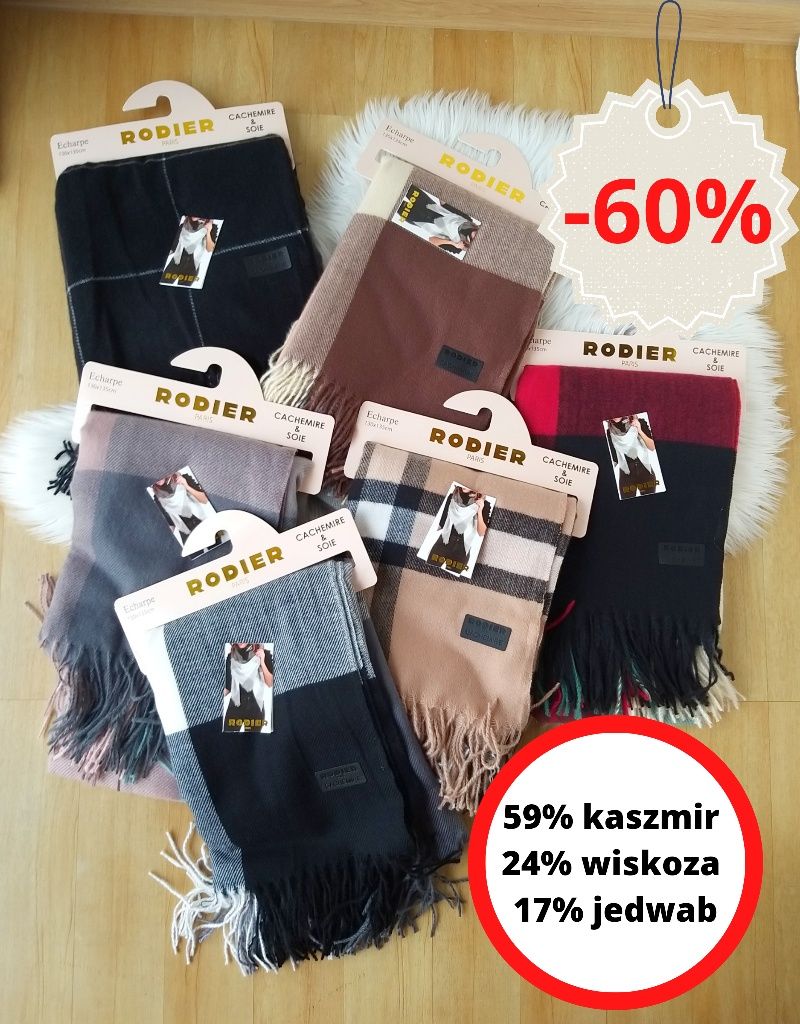 NOWY - 60% taniej kaszmirowy szalik damski czarny jedwab wiskoza